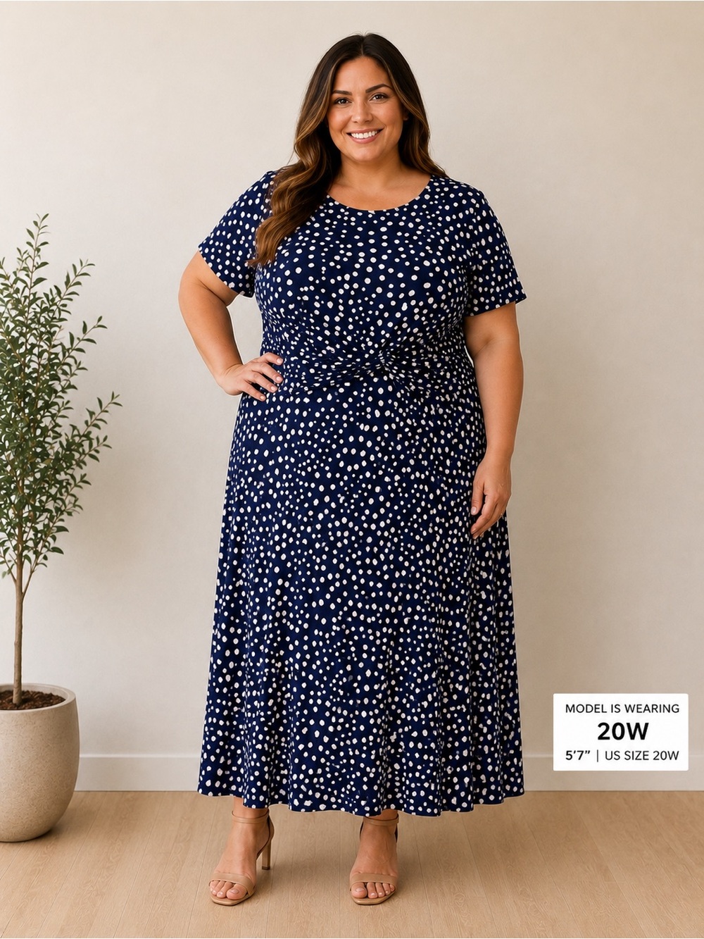 Jessica Howard 20W Navy White Polka Dot Ankle Length Dress